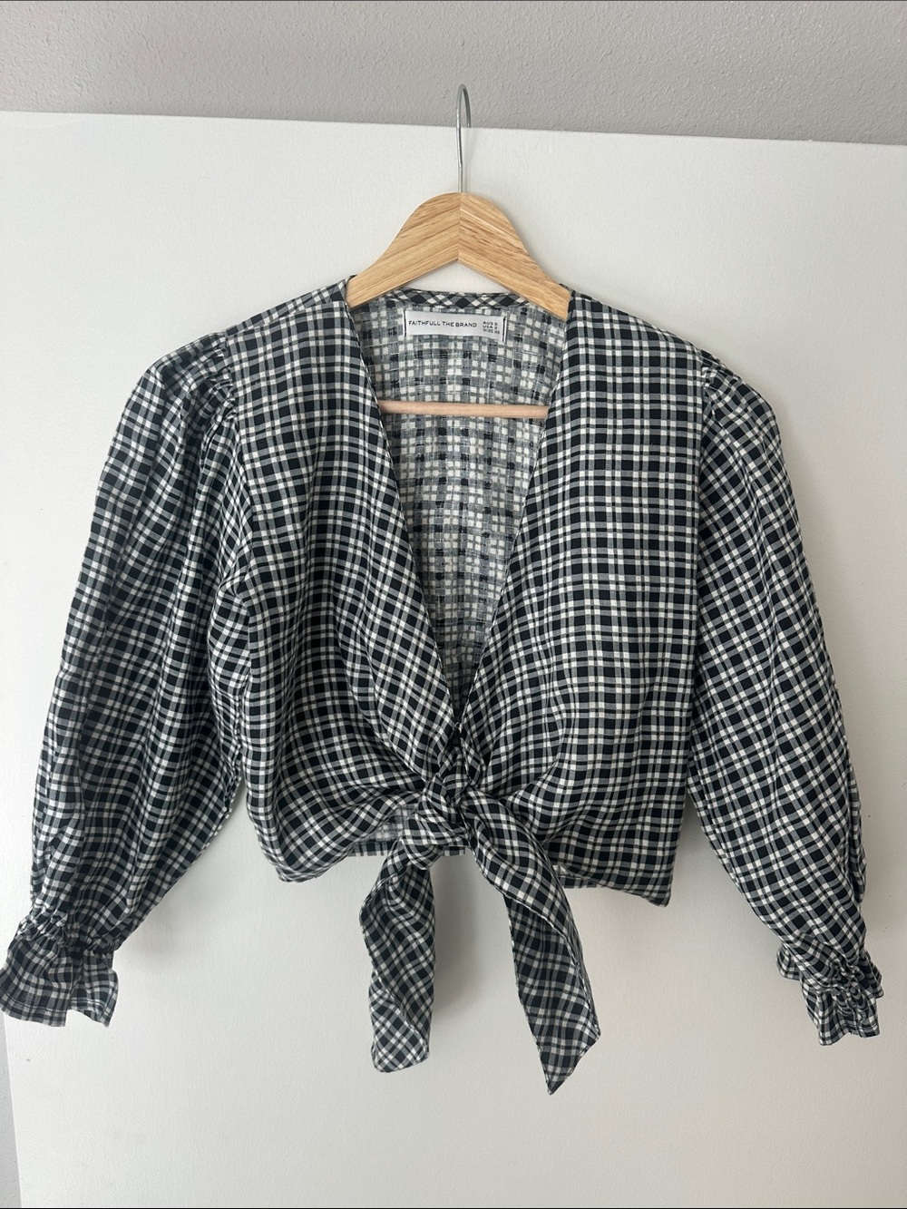 Faithfull the Brand 100% Linen Black & White Plaid Tie-Front Cropped Blouse